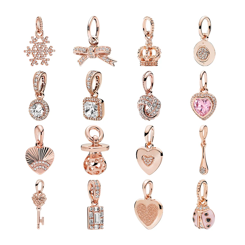 

Rose Gold Necklaces Pendants For Women 925 Sterling Silver Fine Jewlery Love Heart Snowflake Bow Crown Key Ice Ladybird Charms