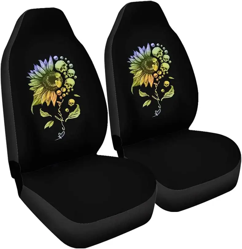 

CHICKYSHIRT Be Kind Sunflower and Skulls Front Car Seat Covers, Auto Seat Covers Set of 2, Universal Fit Most Vehicle, Cars, Sed