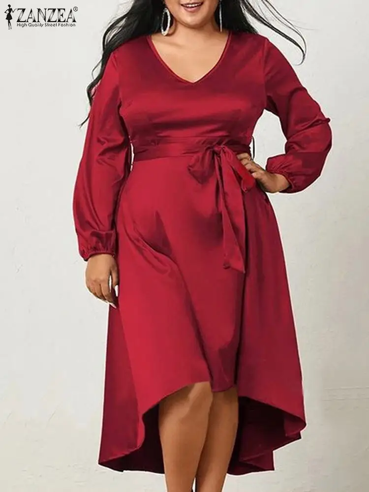 

Платье ZANZEA женское атласное с длинным рукавом, праздвечерние чный сарафан средней длины с поясом, повседневный однотонный трапециевидный с...