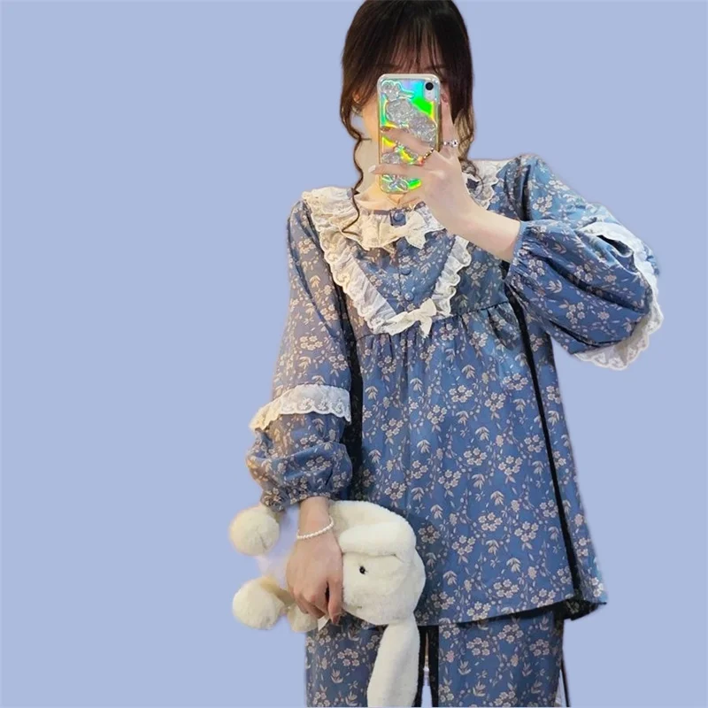 Women's Pajamas Set Sweet Full Sleeve Flower Print Sleepwear Casual Pyjama Cozy Homewear Korean Spring Style