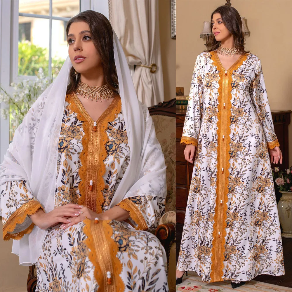 Orange Floral Print Fashion Dress Muslim Lace V-neck Trim Jalabiya White Hijab Set For Women Eid Ramandan Dubai Arabic Oman
