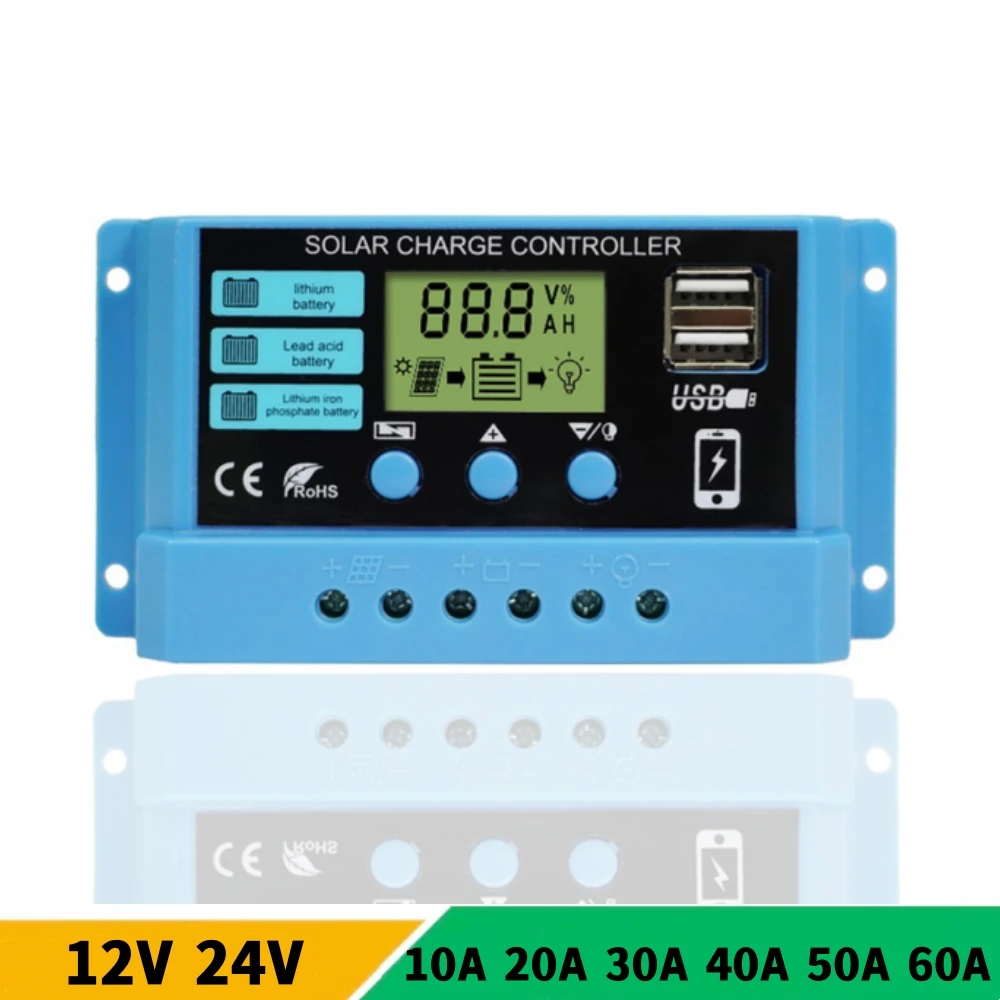 

10A 20A 30A 40A 50A 60A Solar Charge Controller 12V 24V PWM Solar Regulator For Lithium Iron Phosphate/Lead Acid/Lithium Battery