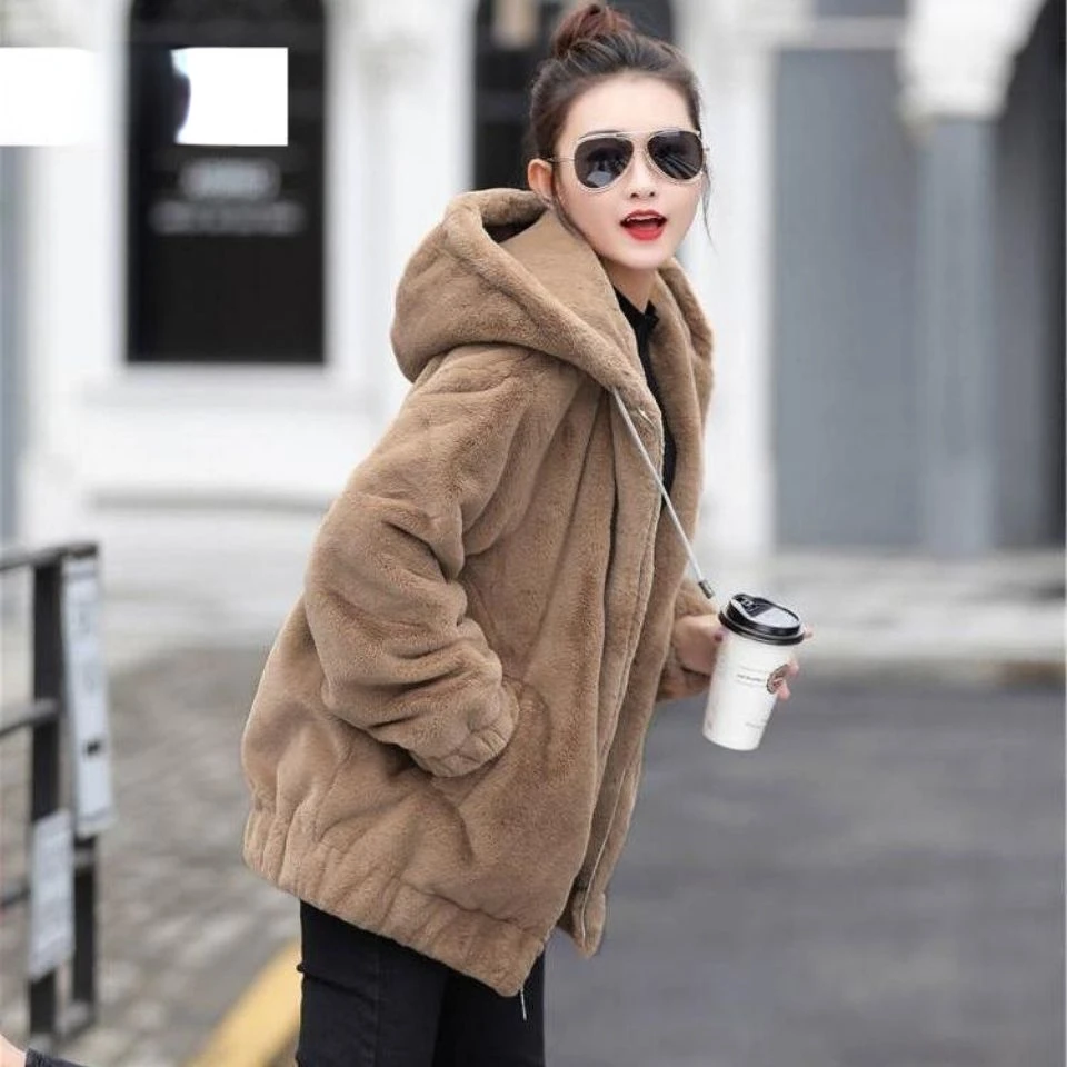 Winter Coat for Women Faux Fur Coats Jackets Faux Rabbit Fur Hooded Sweatshirt Jacket Cotton Lined Coat Warm Korean Fashion New