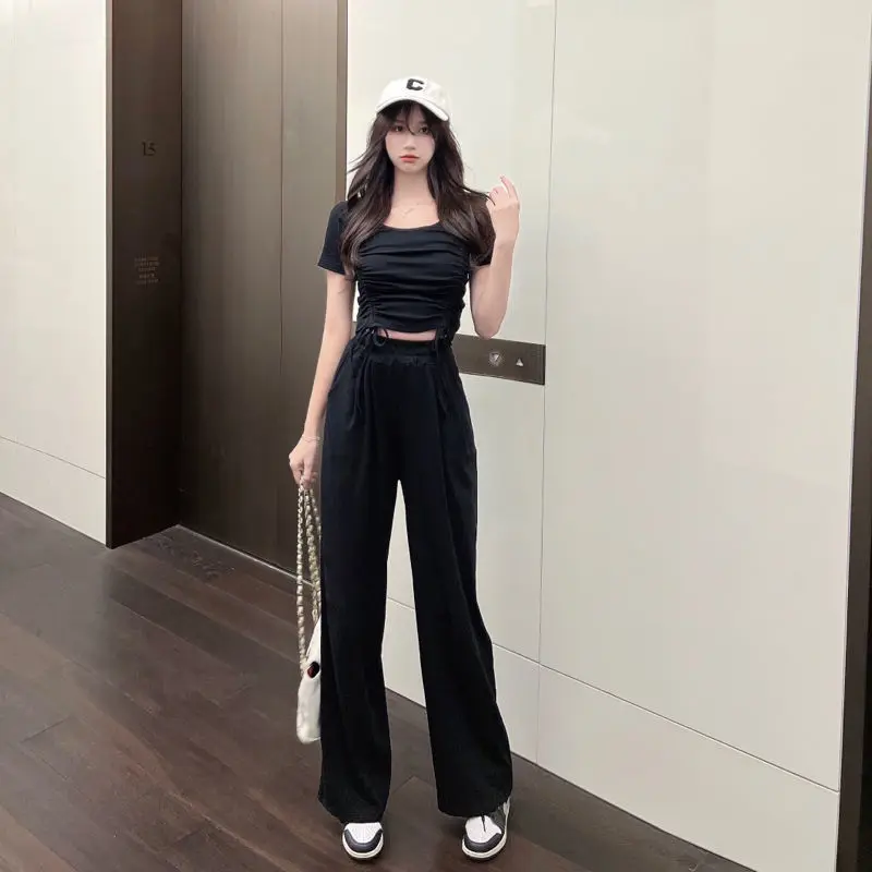 

Women 2022 Summer New 2 Piece Sets Female Solid Color Short Drawstring T-shirt Ladies High Waist Loose Wide-leg Pants Suits F111