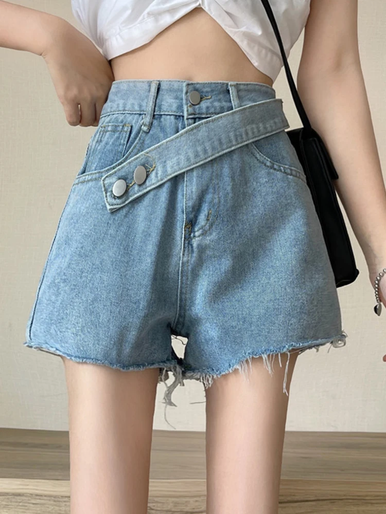 New Spring Summer Women Asymmetrical High Waist Blue Denim Shorts Streetwear Female Raw Hem Loose Jeans Shorts Bottoms