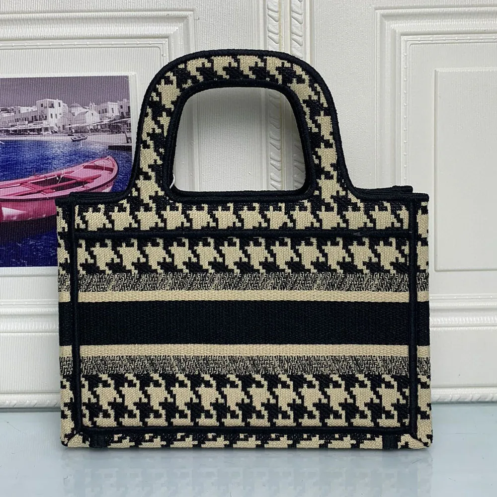 

Book Tote Mini Handbag Women Canvas Bag Oblique Print Large Capacity Shopping Bag Embroidered Luxury Designer Female Houndstooth