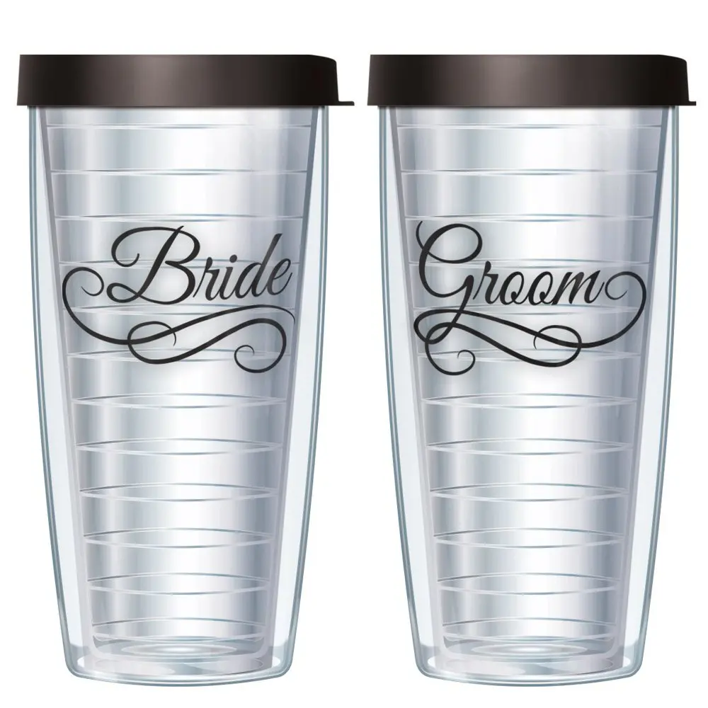 

Tumblers Bride and Groom Emblem on Clear 16 Ounce Double-Walled Travel Tumbler Mugs with Black Easy Sip Lids; Set of 2