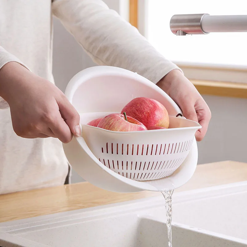 Kitchen Double Drain Basket Bowl Rice Beans Peas Washing Storage Basket Strainers Drainer Vegetable Cleaning Colander Tool