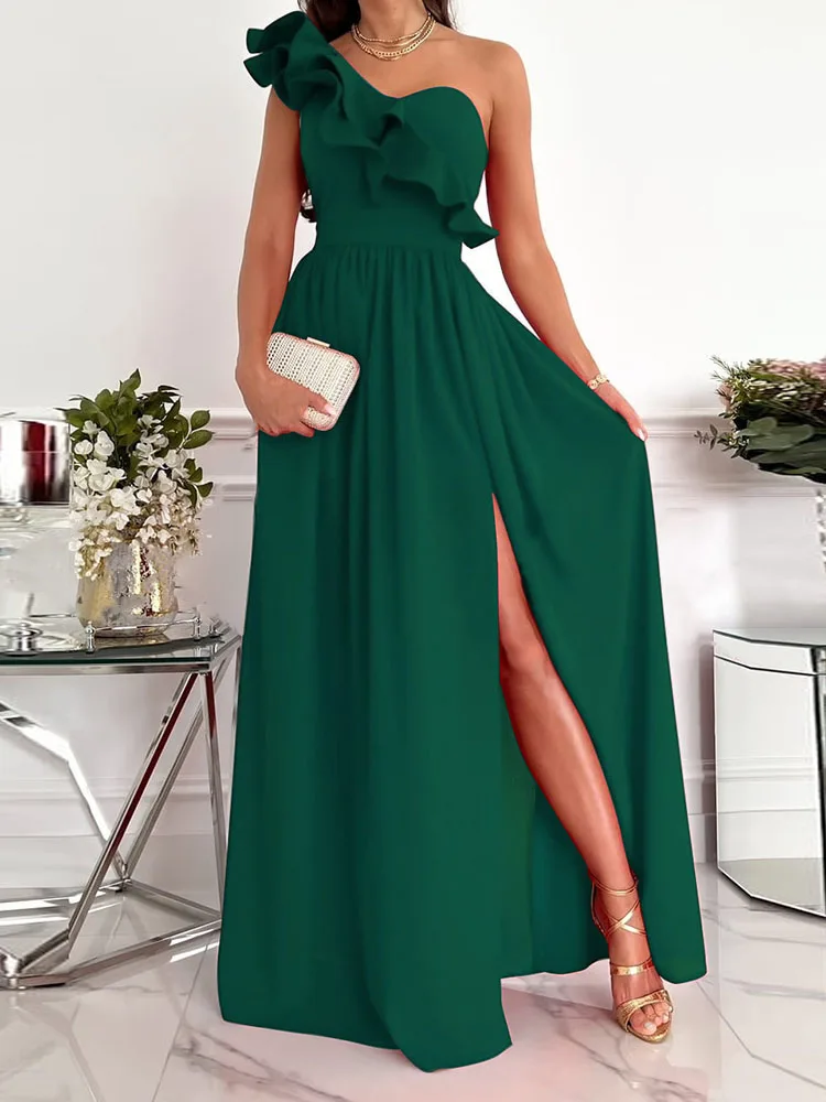 

Chic Elegant Irregular Collar Ruffle Party Dress Women Spring One Shoulder Backless Long Dress Summer Solid High Slit Maxi Dress