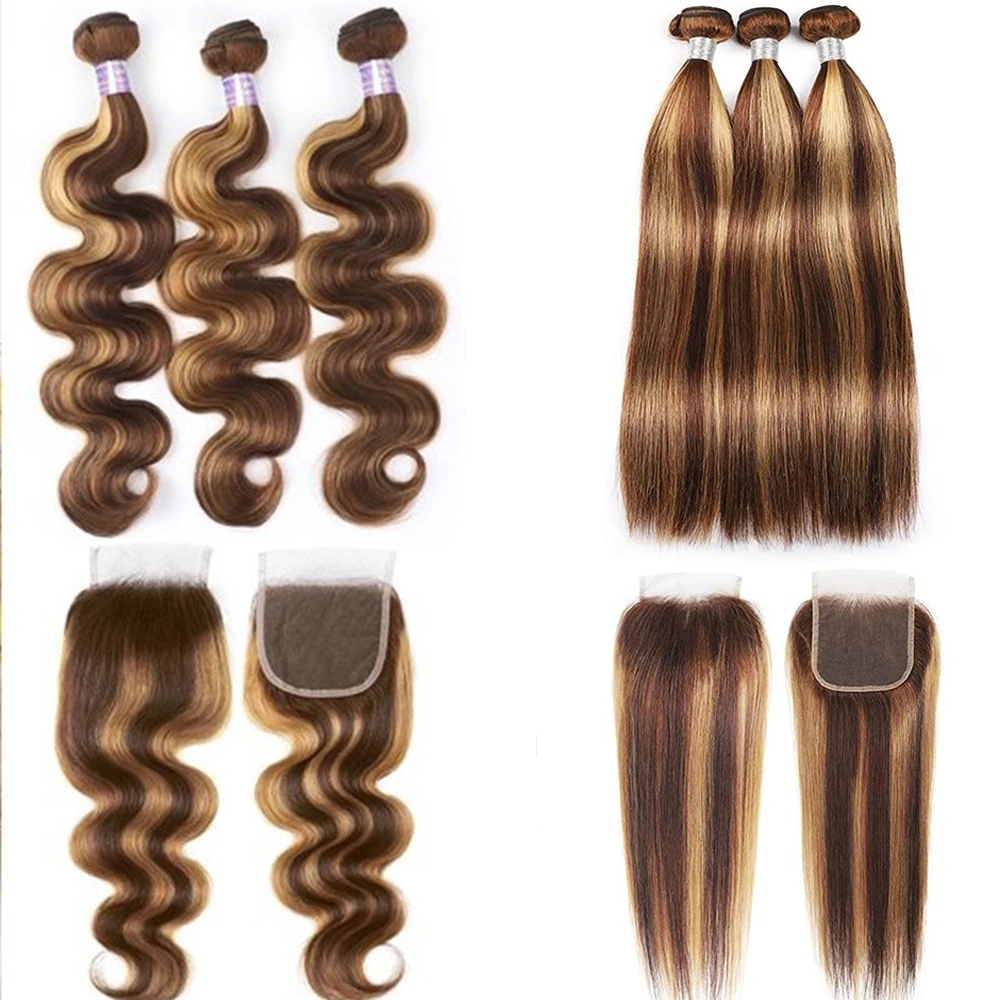 Highlight Body Wave Bundles With Closure Brazilian Straight Hair Extensions With 4x4 Lace Closure 220g/Set Human Hair Bundles