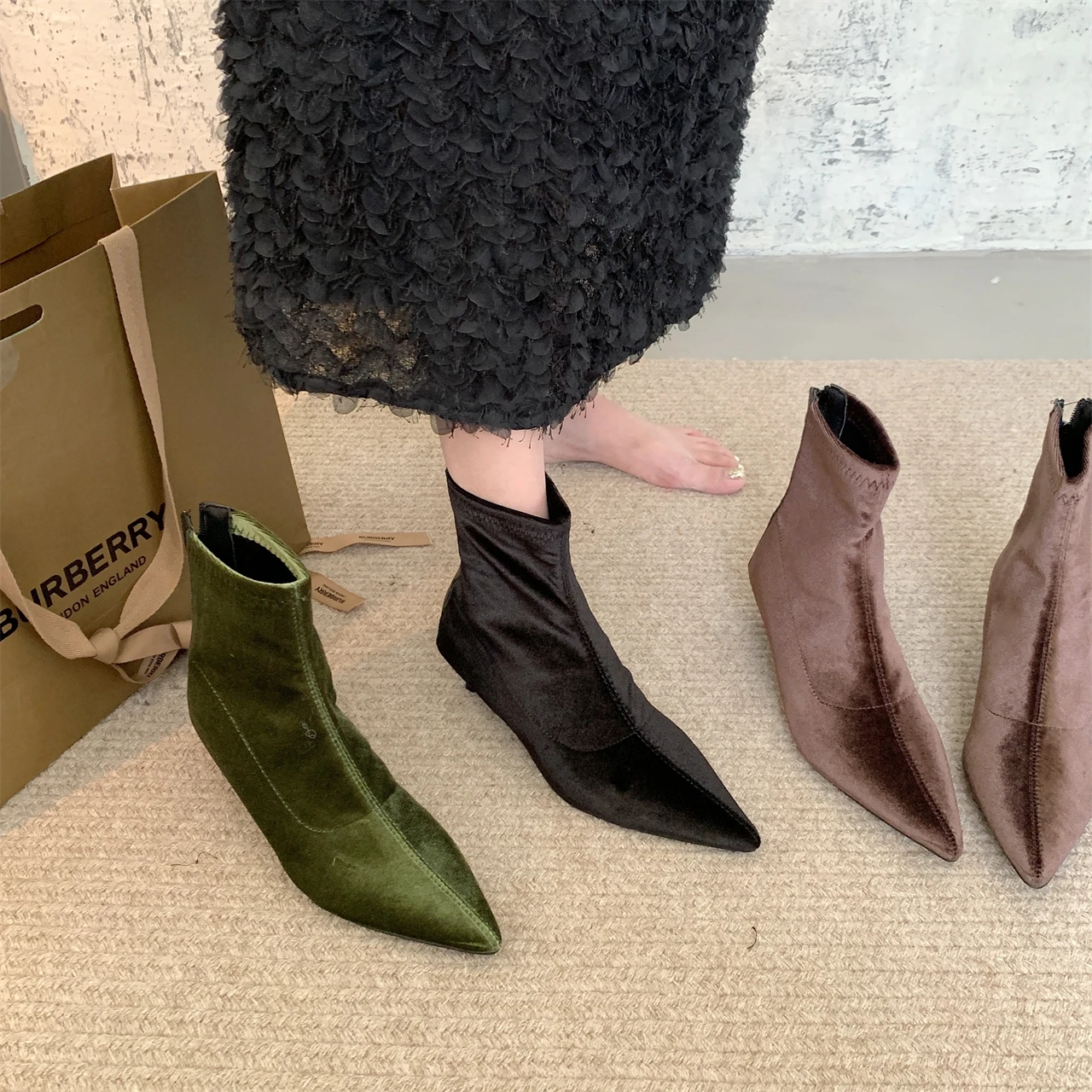 

Bailamos Women Suede Ankle Boots Brand Pointed Toe Back Zipper Ladies Short Boots Ladies Elegant Thin Low Pumps Shoes Dress Shoe