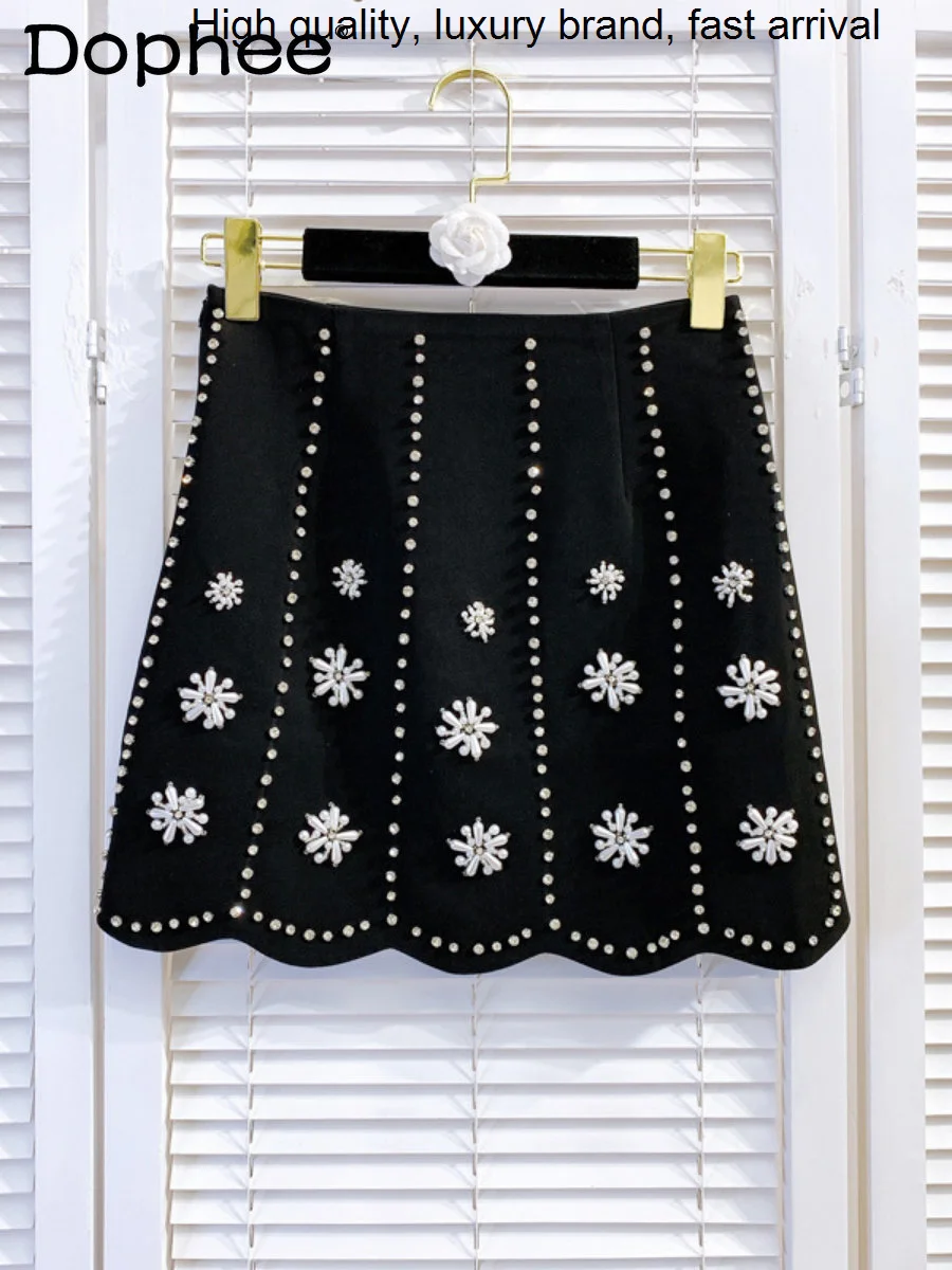 

New Beaded 2023 Flower Heavy Industry Rhinestone Mini Women High Waist Slim Black Faldas Design Sense A- Line Sheath Skirt