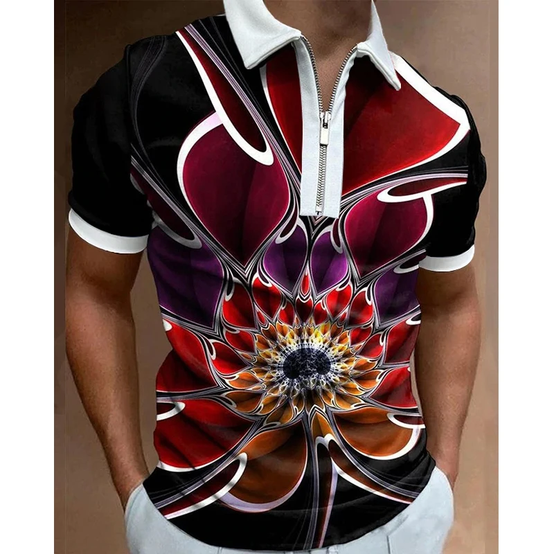 

Luxury Flower Polo Men Polo Shirts Casual Turn-Down Collar Zipper Golf Print Short Sleeve Tee Shirt Polos Tops Men's Clothing