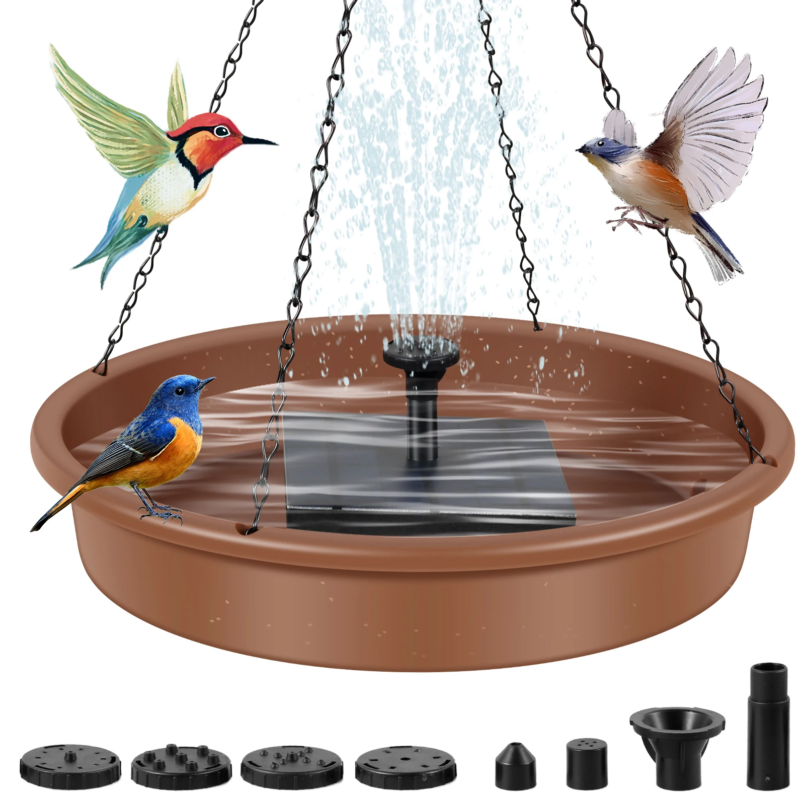 

Bird Bath Bowl with Solar Pump Waterproof Solar Bird Feeder Water Fountain with 6 Nozzles Hanging Solar Water Pump Energy Saving