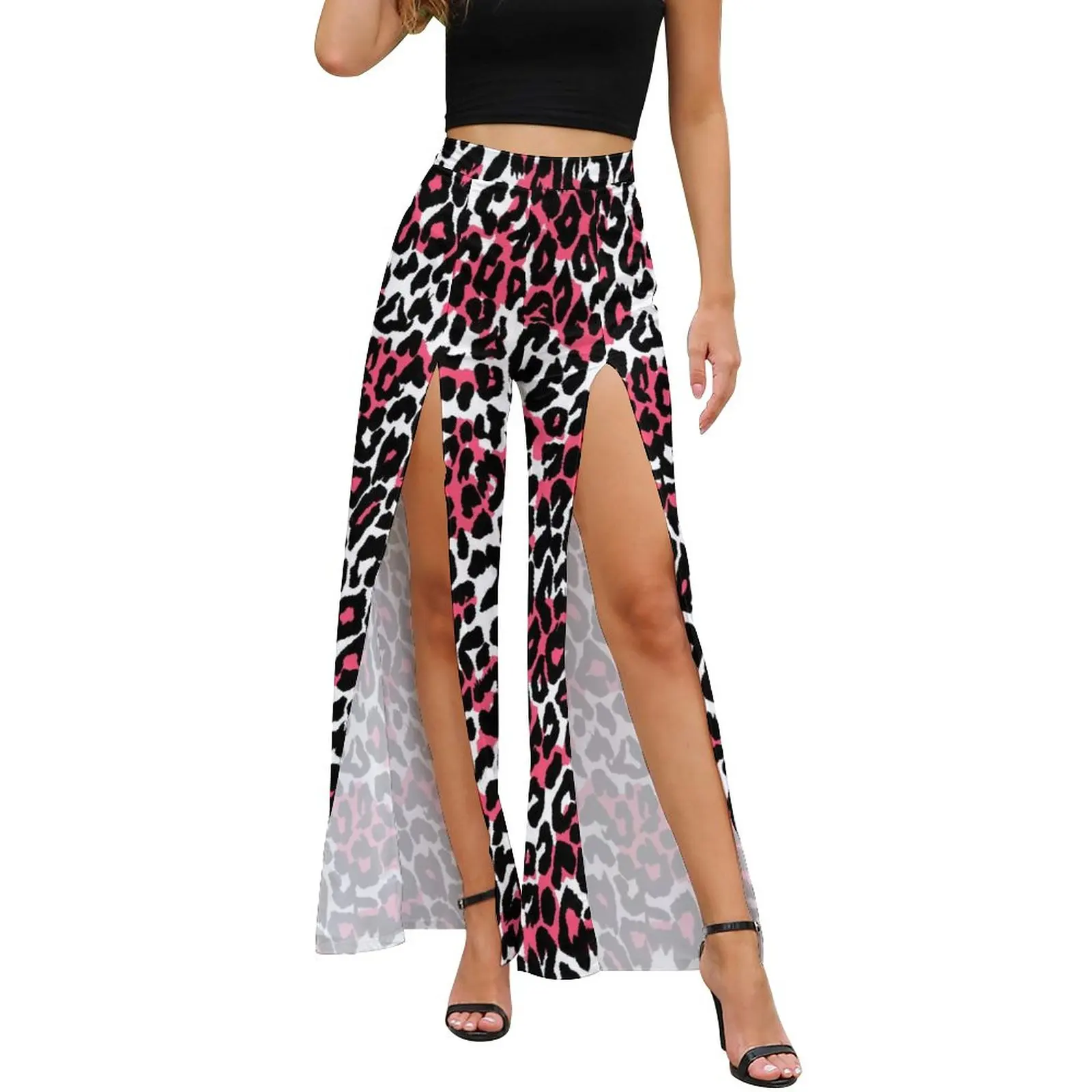 

Pink Leopard Pants Slit Straight Animal Skin Print Night Club Trousers Spring Female Harajuku Trendy Wide Pants