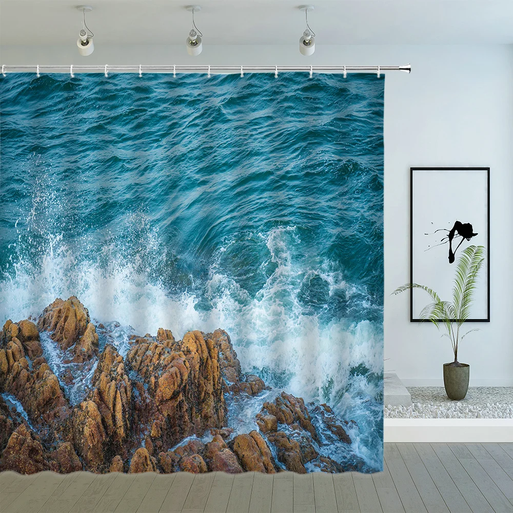 

Sea Coastal Shower Curtain Ocean Tropical Blue Beach RocksIsland Seascape Waterproof Fabric Bathroom Decor with Hook Bath Screen
