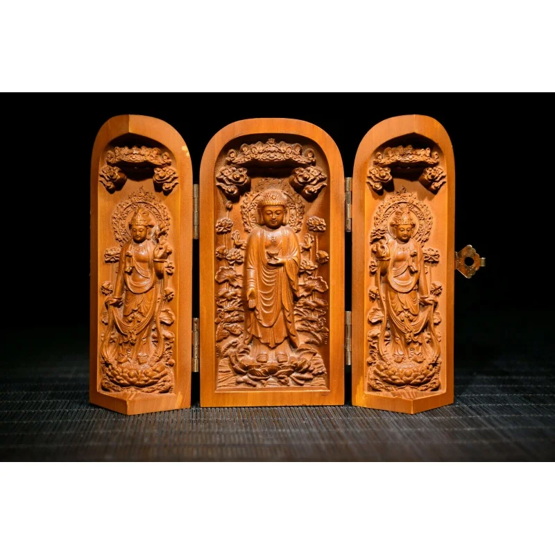 

Chinese Natural Boxwood Hand Carved Exquisite Three Open Box Buddha Statues、 125g