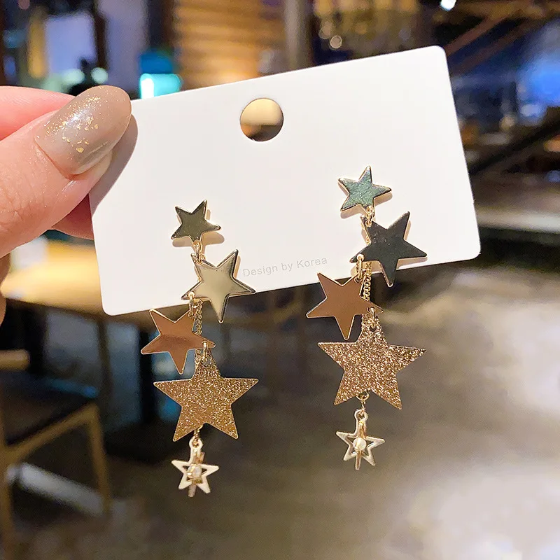 

S925 Silvers 2021 New Long Star Shape Tassel Dangle Earrings Korean Frosted Pearl Earrings Classic Jewellery for Woman Fashion