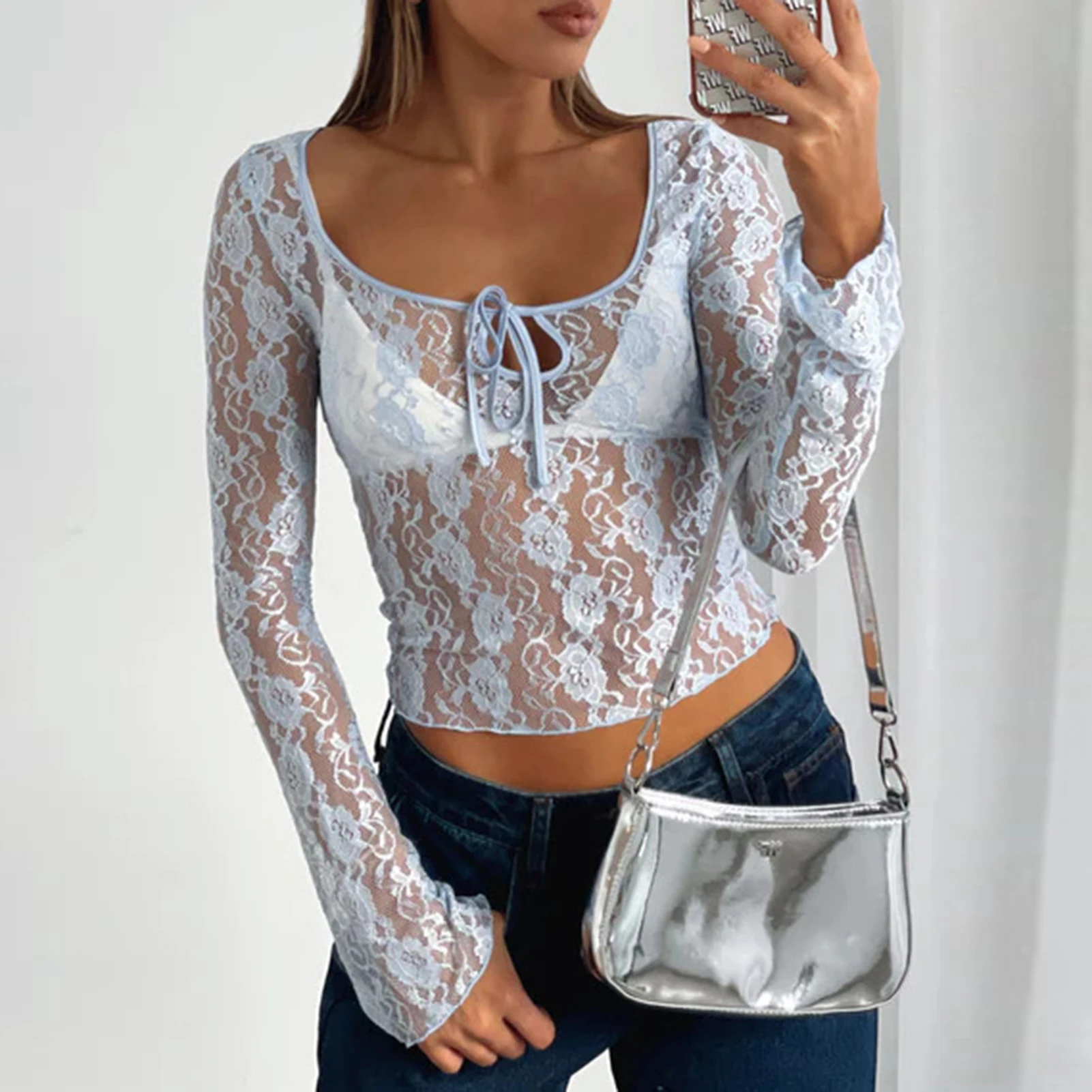 

Stringy Selvedge Ladies Navel Exposed Top Women Lace Crop Top See Through Square Neck Slim Fit Spicy Girl Party Clothing