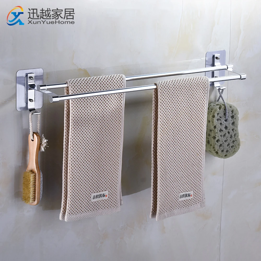 Towel Hanger Bars 40-60CM 2 Pole Punch-Free Shower Clothes Hanging  Wall Rack Silver Aluminum Holder Hook Bathroom Accessories