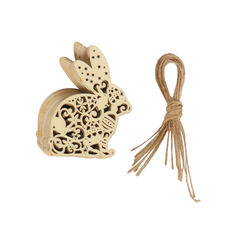 

10pcs Wooden Easter bunny pendant Mini Wood Hollowed rabbit Ornament Easter Hanging Crafts for Home Happy Easter Party DIY Decor