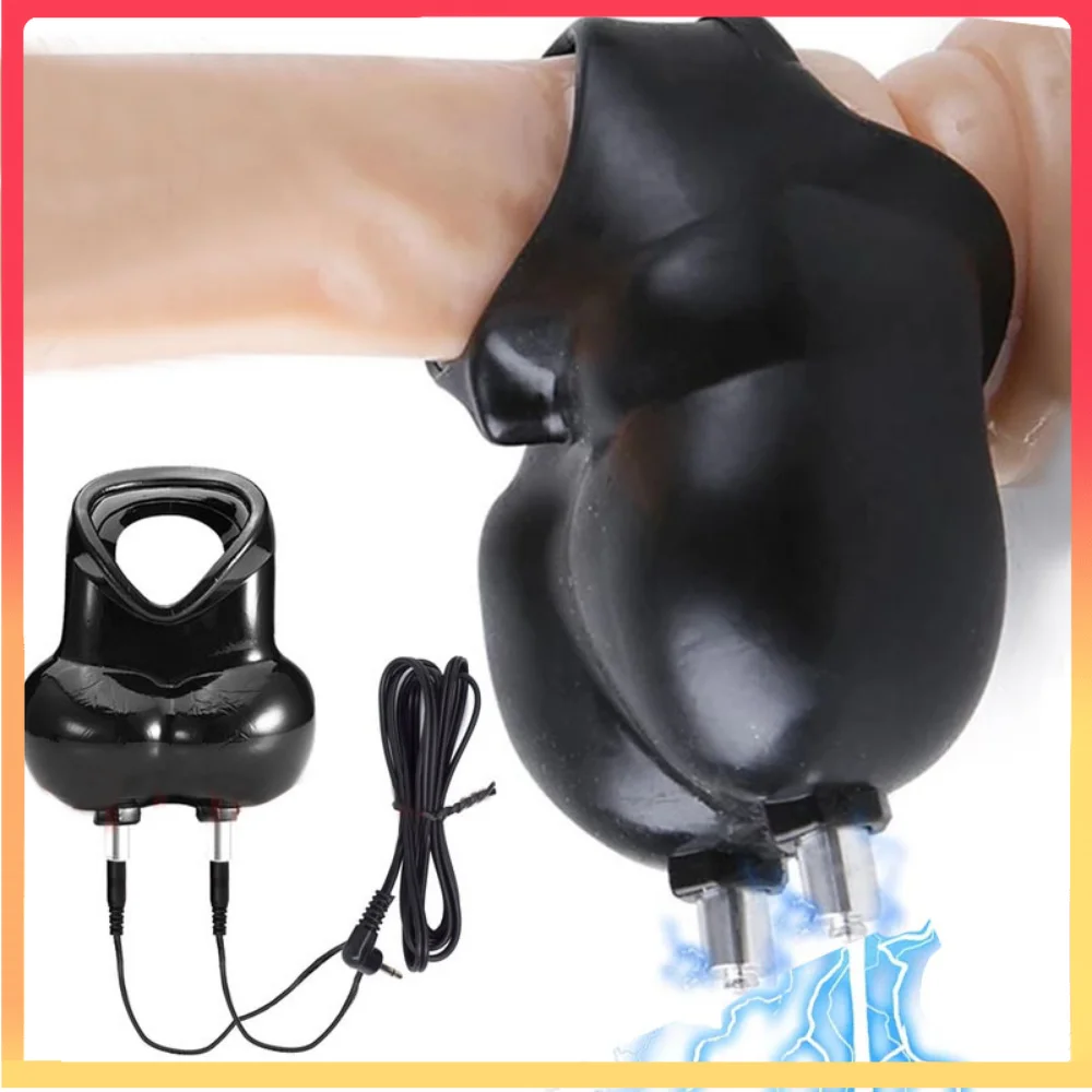 

Electric Shock Testicle Stimulator Chastity Cage Men Electro Scrotum Pouch Testis Bondage Cock Scrotum Sleeve Trainer E-stim Toy