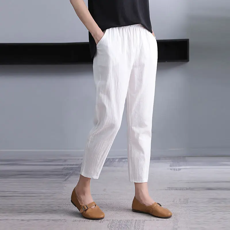 

Female Cotton Linen Casual Solid Pants Elastic Waist Loose Comfortable Pockets Trousers Korean Fashion Sipmle Women Clothing