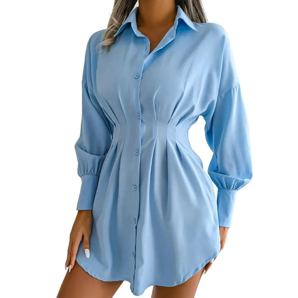 

Turn-Down Collar Single Breasted Women Shirt Tunic Tops Lantern Long Sleeve Pleated Waist Tight Long Shirt Chic Woman Blouse