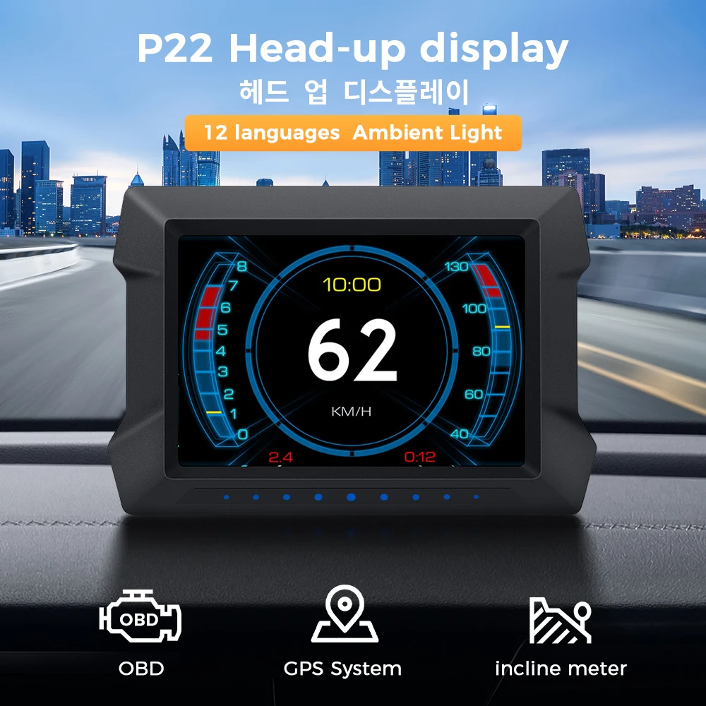 

P22 HUD Dual System OBD2 GPS Head Up Display Speedometer Slope Tilt Meter With Overspeed Low Voltage Alarm Projector Digital