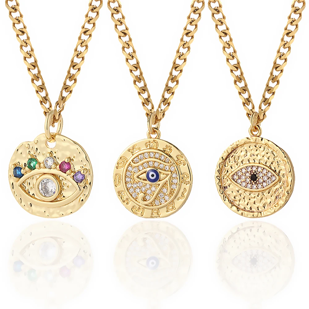 

Evil Blue Eye Woman's Necklace Gold Color Boho Pendant Vintage Choker Long Chain Stainless Steel Cuba Link Necklace for Women