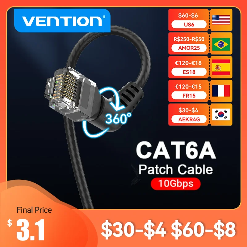 Vention CAT6A Ethernet Cable 10Gbps 90/360 Degree Rotation CAT 6A Slim Networking Internet Lan Cord for PC PS4 Router RJ45 Cable