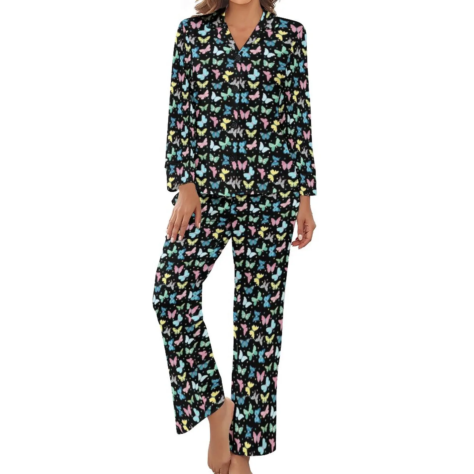 

Blue Pink Yellow And Green Butterflies Pajamas Butterfly Print Floral Cute Home Suit 2 Pieces Casual Autumn Graphic Home Suit