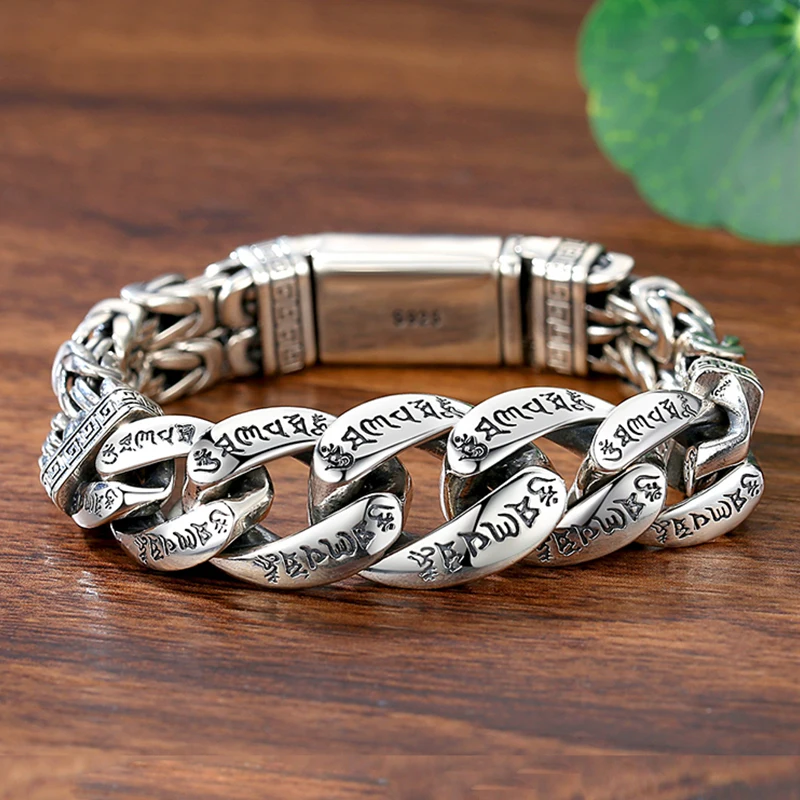 

The New Handmade Silver Men Bracelet Personality Domineering Six-character Mantra and Plain Pattern Chinese Style Retro Chain