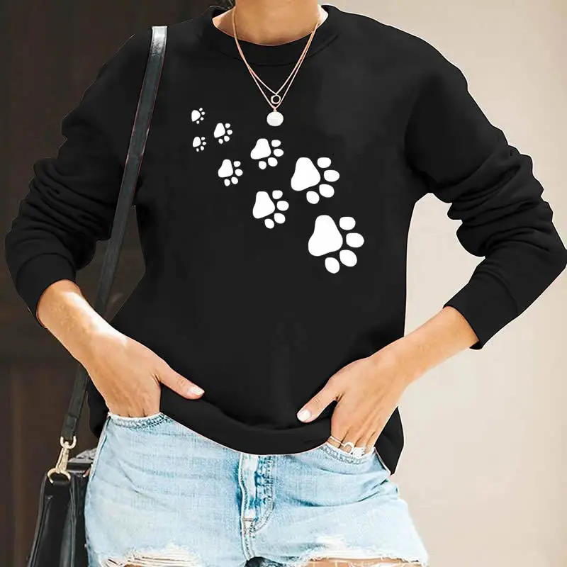 

Пуловеры с принтом собачьих лап и сердец, женская одежда, женские весенне-осенне-зимние толстовки, женские повседневные свитшоты с круглым ...