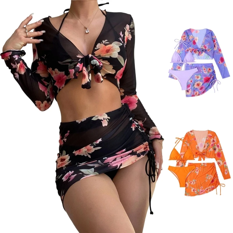 

Women Printed Triangle- Halter Bikini Bathing Suit with Cover Up Skirt 3Pieces Swimsuits