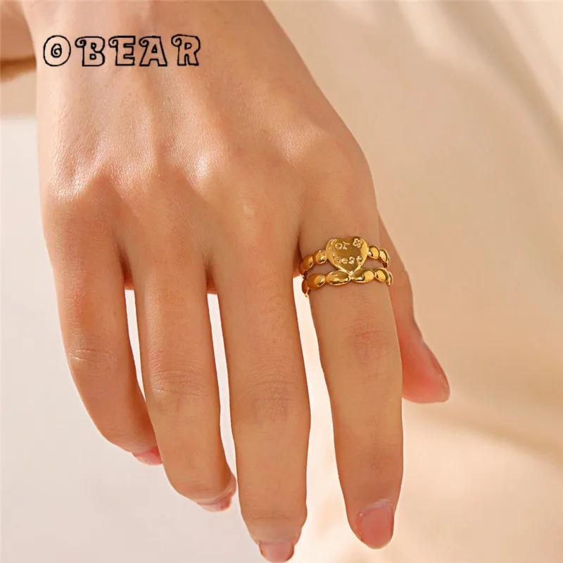 

316L Stainless Steel Heart Double Layer Open Ring For Women Gold Luxurious High-quality Girl Party Jewelry Accessories