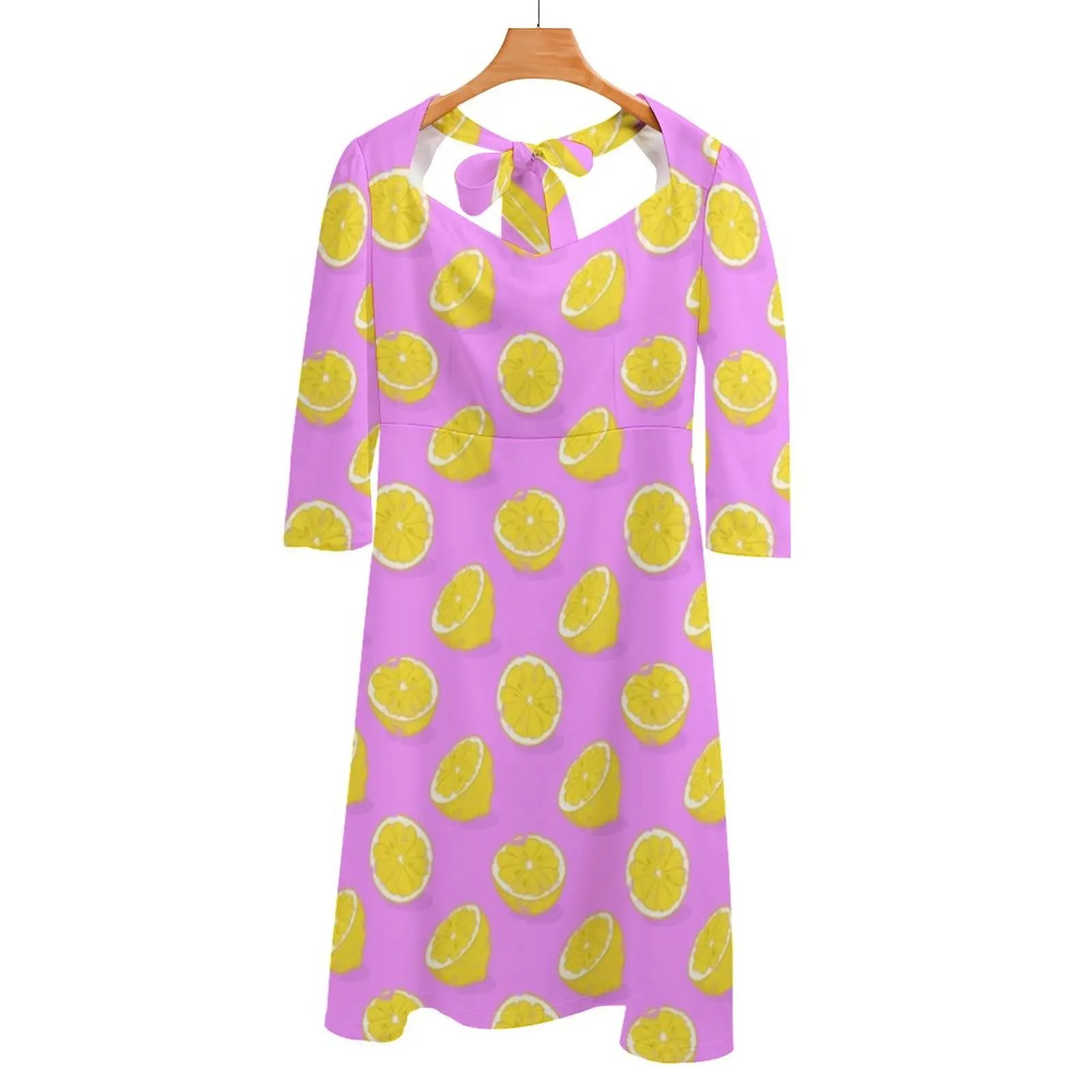 

Lemon Back Lacing Backless Dress Square Neck Dress Sweetheart Knot Flared Dress Food Fruit Pattern Plant Tropics Flora Exotic