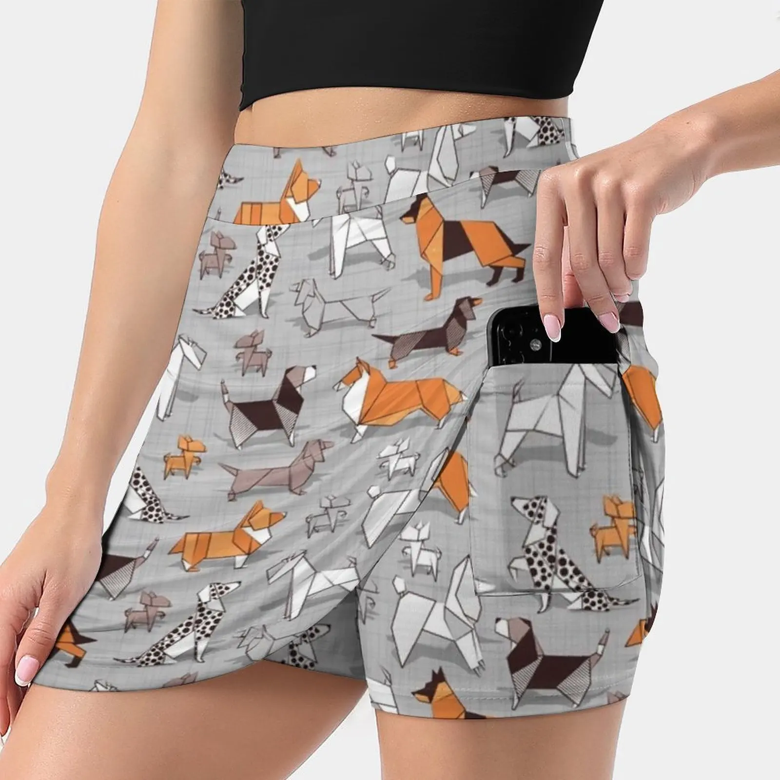 

Origami Doggie Friends / / Grey Linen Texture Background Women's skirt Aesthetic skirts New Fashion Short Skirts Dog
