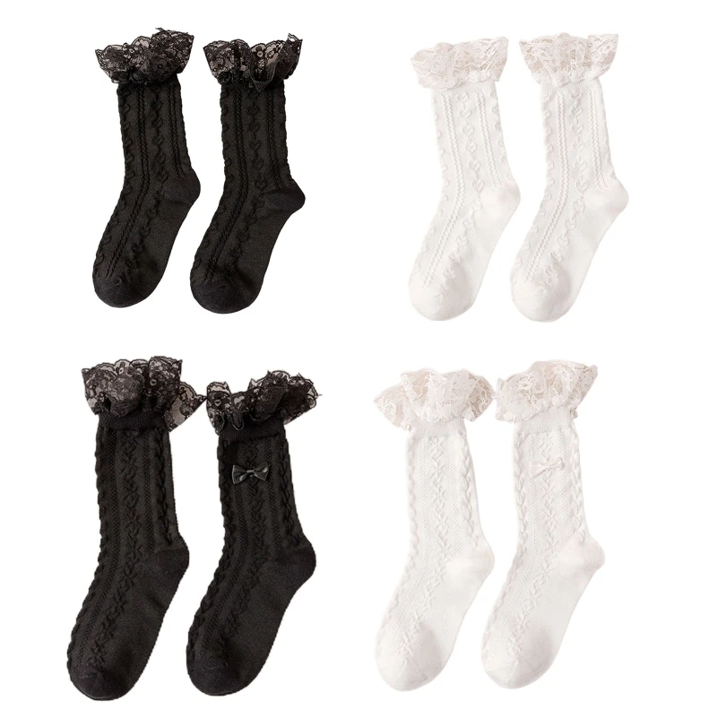 

Women Sweet Ruffle Frilly Lace Ankle Socks Japanese Lolita Kawaii Twist Floral Striped Jacquard Bowknot Crew Hosiery