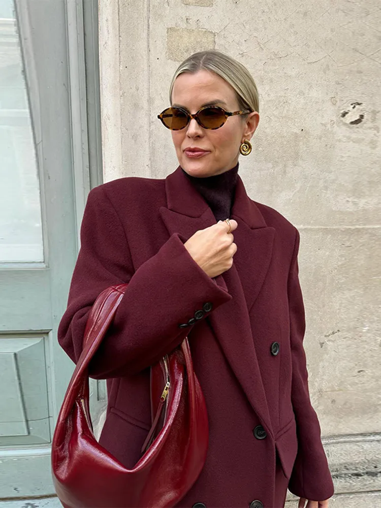 Красное твидовое шерстяное пальто из ангоры с лацканами