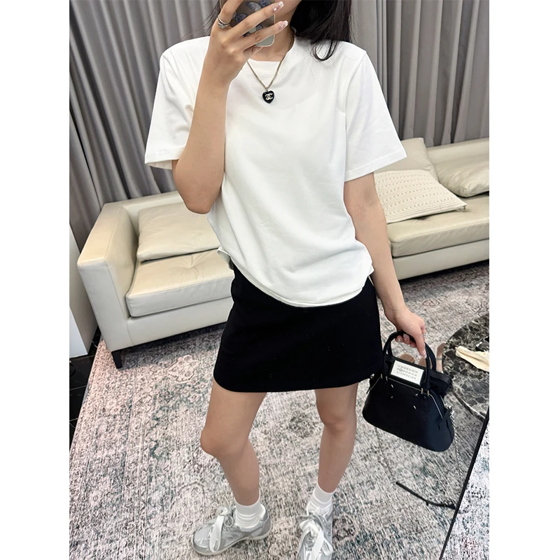 Aku Simple Sanding Basic T-shirt Women 2024 New Shoulder Solid Short sleeve Slimming Versatile round Neck Top