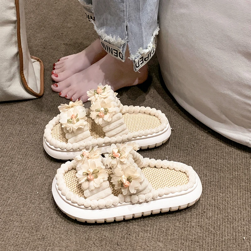 Women Thick-soled Flower Decor Sandals Summer Leisure Open Toe Sweet Lovely Outdoor Beach Slides Platform Soft Comfy Linen Shoes