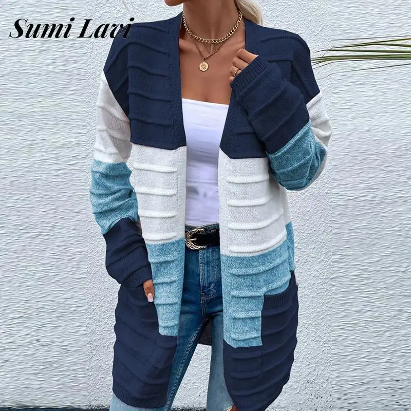 

Женский трикотажный кардиган с карманами, повседневный Свободный кардиган контрастных цветов с длинным рукавом, короткая кофта для осени, ...