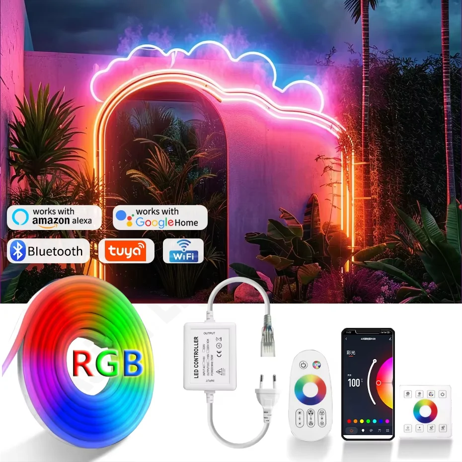 Фото Умные неоновые фонари для улицы, AC220V, RGB светодиодная лента, IP65, водонепроницаемая, 1–100 м, приложение Tuya/беспроводной радиочастотный пульт дистанционного управления, гибкое веревочное освещение №1