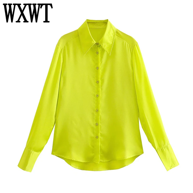 

WXW Women Bright Yellow Satin Shirt Long Sleeve Single Breasted Blouse Female Fashion Casual Tops Chemise Femme SHE8348