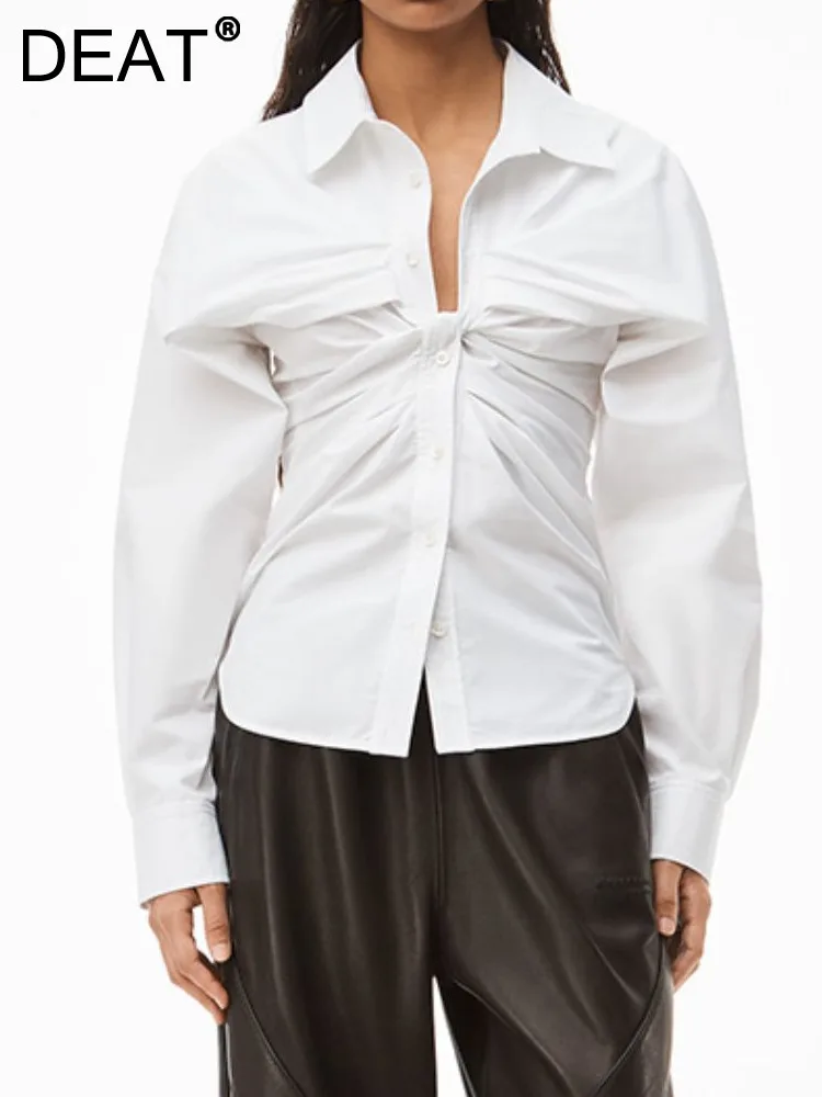 DEAT Fashion Women's Shirt Lapel Slim Kink Fold Single Braested Long Sleeve Waist White Cotton Blouse Spring 2023 New 17A5155