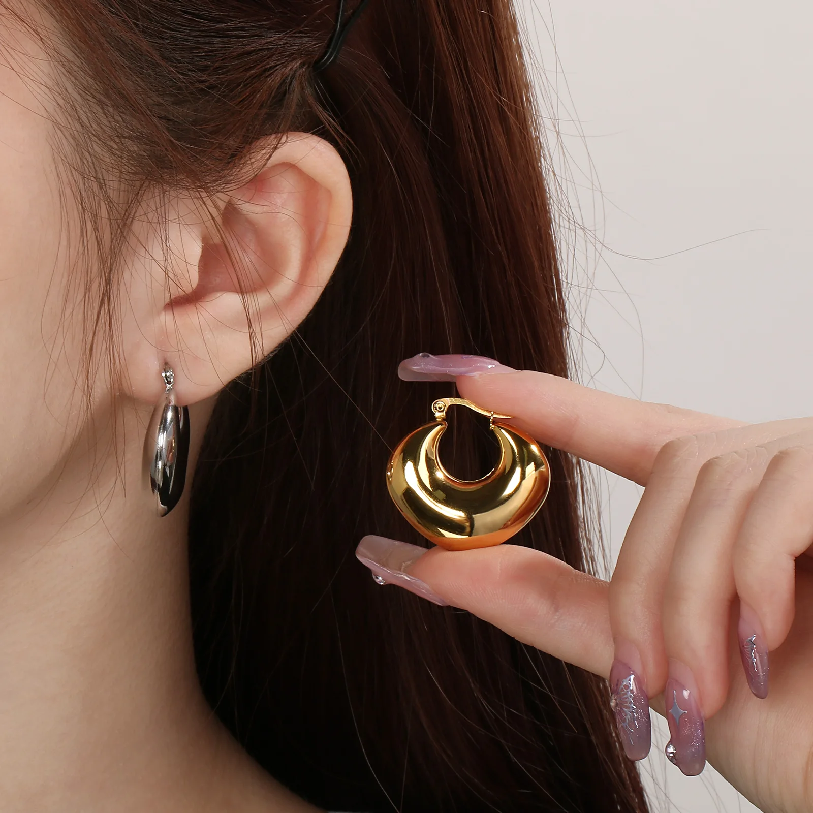 Серьги-кольца U C L в форме сердца-серебристые/позолоченные 18K-нержавеющая сталь