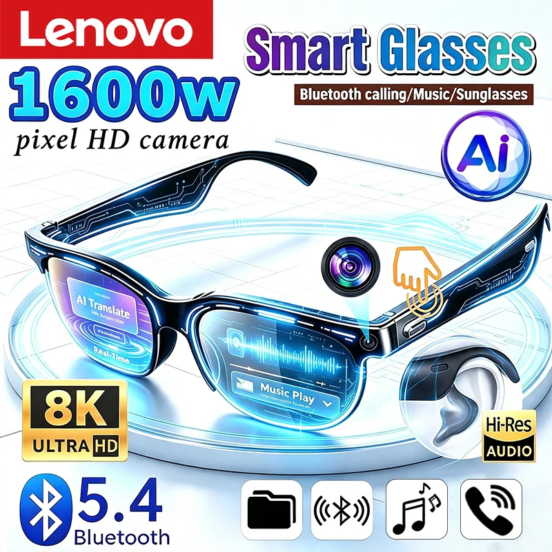 Фото Умные очки Lenovo XG88 PRO AI для перевода речи, беспроводные Bluetooth-очки с микрофоном и наушниками, спортивные солнцезащитные очки №1