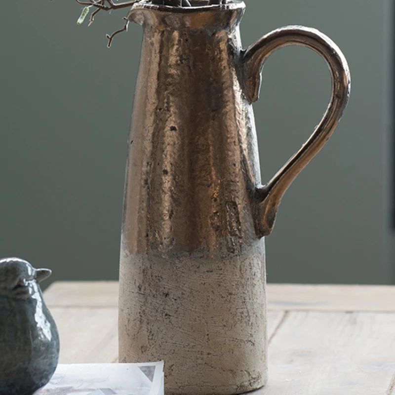 Ваза из грубой керамики винтажный Состаренный орнамент Цветочная композиция для