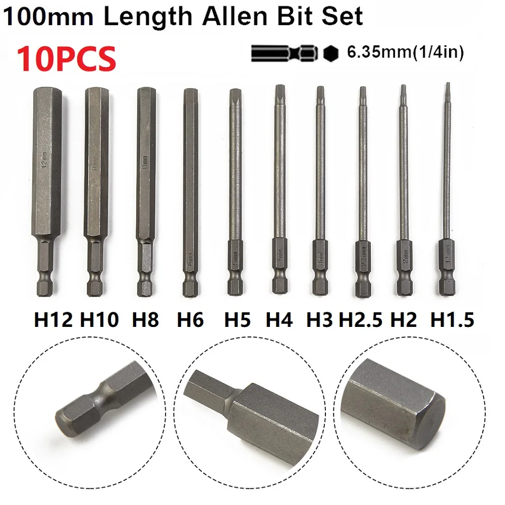 

10pc Hex Head Wrench Drill Bits Set 100mm 1/4" Metric Screwdriver Bits Magnetic Tip Hex Key Screwdriver Socket Bit Hexagonal Bit